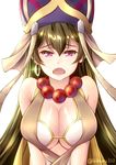  beads breasts cleavage commentary_request earrings eyebrows_visible_through_hair fate/grand_order fate_(series) green_hair hair_between_eyes hat hikaru_310 jewelry large_breasts long_hair looking_at_viewer necklace open_mouth prayer_beads purple_eyes solo twitter_username upper_body xuanzang_(fate/grand_order) 