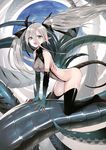  absurdres bare_shoulders blue_eyes elbow_gloves gills gloves highres leotard long_hair looking_at_viewer original pointy_ears scan silver_hair solo tail thighhighs tokiti webbed_hands 