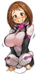  blush bodysuit boku_no_hero_academia bouncing_breasts breast_expansion breasts brown_hair large_breasts looking_at_viewer red_eyes sachito short_hair simple_background skin_tight smile solo sweat teeth uraraka_ochako white_background 