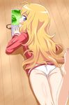  :o ahoge ass barefoot blonde_hair blue_eyes blush commentary computer eyebrows_visible_through_hair eyes_visible_through_hair floor from_behind gabriel_dropout highres jacket laptop leg_up long_hair looking_at_viewer looking_back lying no_pants on_floor on_stomach panties solo tenma_gabriel_white track_jacket trg-_(sain) underwear white_panties wooden_floor 