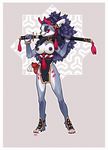  anthro breasts canine clothing female fur hair horn katana loincloth mammal melee_weapon nipples nox_(artist) smile solo standing sword weapon 