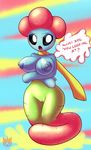  2017 anthro areola big_areola big_breasts black_eyes blue_body blue_nipples breasts candy crossed_arms dialogue english_text female food green_body gummy_worm huge_breasts latiar nipples not_furry nude open_mouth pussy red_body solo speech_bubble text wide_hips yellow_body 