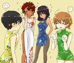  alternate_costume baozi black_hair black_legwear blue_dress blush brown_eyes brown_hair china_dress chinese_clothes cleavage_cutout closed_eyes cowboy_shot dark_skin dress floral_print food freckles frown girls_und_panzer green_eyes green_shirt green_shorts hair_ornament hand_on_hip holding holding_food hoshino_(girls_und_panzer) long_dress long_sleeves looking_at_another multiple_girls nakajima_(girls_und_panzer) oimo_mushi pantyhose shirt short_dress short_hair short_shorts short_twintails shorts side_slit sleeveless sleeveless_dress smile sparkle standing suzuki_(girls_und_panzer) sweatdrop thought_bubble tsuchiya_(girls_und_panzer) twintails very_short_hair white_dress yellow_background yellow_dress 