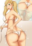  1girl ass bare_shoulders bikini blonde_hair blush bra breasts butt_crack dimples_of_venus earrings from_behind green_eyes hairclip huge_ass huge_breasts jewelry long_hair looking_at_viewer looking_back momo_765 open_mouth persona persona_5 rirakukan shower sideboob solo takamaki_ann thong thong_bikini twintails underwear 