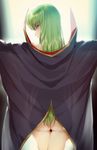  ass bottomless c.c. cape code_geass cowboy_shot creayus from_behind green_hair long_hair looking_at_viewer looking_back naked_cape see-through see-through_silhouette shiny shiny_hair smile solo standing yellow_eyes 