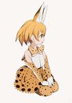  1girl :o animal_ears bare_shoulders beige_background belt between_legs blush bow bowtie brown_belt cross-laced_clothes elbow_gloves eyebrows eyebrows_visible_through_hair full_body gloves hand_between_legs kemono_friends light_brown_eyes looking_away open_mouth orange_hair profile sanpaku seiza serval_(kemono_friends) serval_ears serval_print serval_tail shirt short_hair simple_background sitting skirt sleeveless sleeveless_shirt sohin solo striped_tail surprised tail tareme white_shirt 