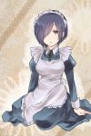  1girl apron beige_background black_neckwear blue_dress blue_eyes breasts chii_(sbshop) closed_mouth commentary_request dot_nose dress eyes_visible_through_hair frown hair_ornament hair_over_one_eye hand_on_ground kirishima_touka large_breasts looking_to_the_side maid maid_apron maid_headdress on_ground purple_hair ribbon short_hair sitting solo tokyo_ghoul white_apron 