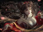  bare_shoulders breasts brown_eyes brown_hair chinese_clothes cleavage fingernails guqin_sona hagoromo hair_ornament hanfu instrument jewelry large_breasts league_of_legends lipstick long_fingernails long_hair long_sleeves makeup music nail_polish necklace off_shoulder outstretched_arm pearl_necklace phong_anh playing_instrument see-through shawl solo sona_buvelle very_long_hair watermark 