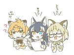  animal_ears black_hair blonde_hair blue_eyes bow bowtie cat_ears cat_tail commentary_request elbow_gloves fur_collar glasses gloves grey_wolf_(kemono_friends) heterochromia jaguar_(kemono_friends) jaguar_ears kemono_friends long_hair margay_(kemono_friends) multicolored_hair multiple_girls nekota21 open_mouth short_hair sleeveless tail translation_request two-tone_hair wolf_ears yellow_eyes 