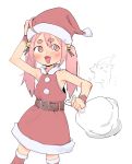  1girl al_bhed_eyes armpits belt blush christmas commentary edisonabismo english_commentary fang hat highres original pink_hair sack santa_costume santa_hat sleeveless solo thick_eyebrows twintails white_background 