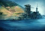  commentary_request haruna_(battleship) hill hino_katsuhiko imperial_japanese_navy military military_vehicle original ship shipwreck shore smokestack turret warship watercraft world_war_ii 
