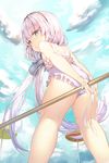  aile_(crossroads) ass bangs beach_umbrella beads blue_eyes blunt_bangs blush casual_one-piece_swimsuit cloud day frilled_swimsuit frills from_behind hair_beads hair_ornament hairband kanna_kamui kneepits kobayashi-san_chi_no_maidragon lavender_hair lavender_swimsuit long_hair looking_at_viewer looking_back md5_mismatch one-piece_swimsuit outdoors sky solo standing swimsuit twintails umbrella 