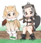  american_beaver_(kemono_friends) animal_ears beaver_ears beaver_tail bike_shorts bikini_top biting black-tailed_prairie_dog_(kemono_friends) blush boots breasts brown_eyes chiru commentary_request elbow_gloves full_body fur_collar gloves gradient_hair grass grey_hair jacket kemono_friends light_brown_hair log long_sleeves medium_breasts multicolored_hair multiple_girls nature navel open_clothes open_jacket open_mouth outdoors prairie_dog_ears prairie_dog_tail short_hair shorts simple_background sitting skirt smile sweater tail tail_raised torn_clothes underboob white_background wood 
