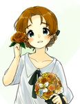  bangs black_bow black_ribbon blue_eyes blush bouquet bow braid casual collarbone collared_shirt flower girls_und_panzer hair_bow hair_flower hair_ornament holding holding_bouquet looking_at_viewer oimo_mushi orange_flower orange_hair orange_pekoe parted_bangs parted_lips ribbon shirt short_hair short_sleeves simple_background smile solo standing tied_hair twin_braids upper_body white_background white_shirt 