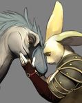  2017 ambiguous_gender armor blue_feathers blue_scales breasts dinosaur duo eyes_closed feathers female fur grey_background grey_scales hattonslayden lagomorph mammal rabbit raptor scales sharp_teeth side_boob side_view simple_background teeth theropod yellow_fur 
