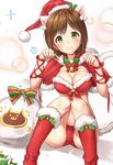 :3 animal_ears bad_id bad_twitter_id bangs bell bikini blush boots bow breasts brown_hair capelet cat_ears cat_tail christmas christmas_ornaments christmas_tree cleavage clenched_hands closed_mouth cow_bell eyebrows_visible_through_hair front-tie_bikini front-tie_top fur-trimmed_bikini fur-trimmed_boots fur-trimmed_capelet fur_trim green_eyes hair_ornament hands_up hat head_tilt highres holly holly_hair_ornament idolmaster idolmaster_cinderella_girls knee_boots knees_together_feet_apart looking_at_viewer maekawa_miku medium_breasts midriff paw_pose paw_print red_bikini red_capelet red_footwear red_ribbon ribbon sack santa_costume santa_hat shadow short_hair sitting snowflakes solo sparkle star striped striped_bow swimsuit tail takeashiro white_background 