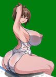  arm_up armpits ass breasts brown_hair covered_nipples huge_ass huge_breasts koutarou_(girl_power) looking_at_viewer nipples puffy_nipples sitting solo wet 
