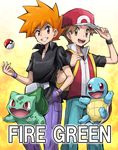  adjusting_clothes adjusting_hat baseball_cap brown_eyes brown_hair bulbasaur cover cover_page gen_1_pokemon hand_in_pocket hat highres jewelry male_focus multiple_boys necklace official_style ookido_green orange_eyes orange_hair poke_ball poke_ball_(generic) pokemoa pokemon pokemon_(creature) pokemon_(game) pokemon_frlg red_(pokemon) red_(pokemon_frlg) smile spiked_hair squirtle tossing wristband 