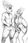  anthro antlers balls black_and_white blindfold blush bottomless cervine clothed clothing deer donkey duo equine hat hladilnik horn male male/male mammal military monochrome penis precum riding_crop whip 
