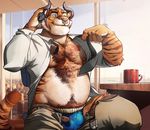  anthro arcticlion bulge clothed clothing facial_piercing feline horn inside male mammal musclegut nipple_piercing nipples nose_piercing open_shirt phone piercing smile solo tiger unzipped 