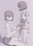  2girls android couch flat_chest from_side grey_background greyscale looking_at_viewer looking_to_the_side mechanical_parts monochrome multiple_girls original parts_exposed repairing robot_joints short_hair shorts simple_background sitting smile standing sukabu tagme 