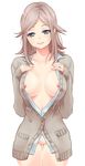  1girl bad_id blush bottomless breasts brown_hair cardigan confusing female green_eyes heart heart-shaped_pupils kunichika_yuu large_breasts lips long_hair looking_at_viewer nipples no_bra nude open_clothes open_shirt pussy shirt simple_background smile solo standing symbol-shaped_pupils uncensored white_background world_trigger 