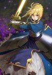  action armor armored_dress artoria_pendragon_(all) blonde_hair excalibur fate/stay_night fate_(series) gauntlets glowing glowing_weapon green_eyes hair_bun highres nanbo_ataru_(attall) saber solo sword weapon 