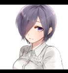  1girl blush breasts chii_(sbshop) commentary_request eyebrows_visible_through_hair framed framed_image hair_over_one_eye kirishima_touka light_background long_eyelashes looking_at_viewer medium_breasts no_nose open_eyes open_mouth out_of_frame purple_eyes purple_hair shiny shiny_hair shirt short_hair simple_background solo tokyo_ghoul white_background white_shirt 