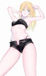 bangs bare_legs blonde_hair breasts closed_mouth fate/apocrypha fate/grand_order fate_(series) from_below green_eyes hair_down highres long_hair looking_at_viewer midriff mordred_(fate) mordred_(fate)_(all) navel nipi27 parted_bangs shorts simple_background small_breasts solo standing tank_top tongs white_background 