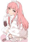  bangs blunt_bangs blush capelet closed_mouth commentary_request fate/grand_order fate_(series) from_side full_body fur-trimmed_legwear fur_trim gloves long_hair looking_at_viewer mamedenkyuu_(berun) medb_(fate)_(all) medb_(fate/grand_order) over-kneehighs pink_eyes pink_hair pleated_skirt riding_crop sidelocks simple_background skirt smile solo squatting thighhighs tiara white_background white_gloves white_legwear white_skirt 