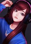  adjusting_headset alternate_headwear bangs blue_shirt brown_eyes brown_hair casual d.va_(overwatch) dutch_angle eyelashes grey_background headset highres jungon_kim lips long_hair long_sleeves looking_at_viewer nose overwatch parted_lips pink_lips shirt simple_background sketch solo swept_bangs t-shirt upper_body 