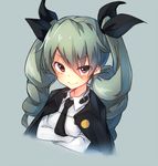  anchovy anzio_school_uniform bangs black_neckwear black_ribbon cape closed_mouth cropped_torso crossed_arms dress_shirt drill_hair girls_und_panzer green_hair grey_background hair_ribbon long_hair long_sleeves looking_at_viewer metindone necktie portrait red_eyes ribbon school_uniform shirt simple_background sketch smile solo twin_drills twintails white_shirt 