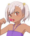 alternate_hairstyle armpits bubukka candy chloe_von_einzbern dark_skin fate/kaleid_liner_prisma_illya fate_(series) food lollipop looking_at_viewer open_mouth pink_hair red_eyes short_hair simple_background solo tongue tongue_out twintails upper_body white_background 