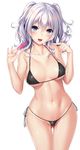  ass_visible_through_thighs bikini black_bikini blue_eyes blush breasts cameltoe collarbone covered_nipples cowboy_shot eyebrows_visible_through_hair fingernails hair_between_eyes highres kantai_collection kashima_(kantai_collection) long_hair looking_at_viewer medium_breasts micro_bikini navel nironiro open_mouth panties pointing pregnancy_test shiny shiny_skin side-tie_bikini silver_hair simple_background skindentation solo strap_gap swimsuit teeth thigh_gap twintails underboob underwear wavy_hair white_background wide_hips 