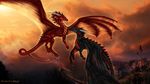  black_scales blue_eyes claws day detailed_background dragon duo feral flying horn membranous_wings outside red_scales scales selianth sky smile spines wings 