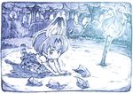  animal_ears blue commentary elbow_gloves fire flying_sweatdrops gloves kemono_friends monochrome paper_airplane sakino_shingetsu serval_(kemono_friends) serval_ears serval_print serval_tail short_hair sitting solo spoilers tail thighhighs torch tree 