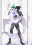  2017 anthro areola avian balls bathing big_breasts black_feathers black_hair blush breast_squish breasts claws duo english_text feathers female fin fish gomegapokemon green_claws green_hair hair hand_on_breast huge_breasts interspecies long_hair male male/female marine nipples nude on_glass penetration penis purple_nipples purple_pussy pussy pussy_juice shark sharp_teeth shower signature spread_legs spreading steam teeth text toe_claws vaginal vaginal_penetration water wet 