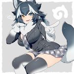  animal_ears aqua_eyes black_hair blush breast_pocket breasts buttons crossed_legs cuffs elbow_rest eyebrows_visible_through_hair fang fur_collar gloves grey_background grey_legwear grey_skirt grey_wolf_(kemono_friends) heart heterochromia japari_symbol kemono_friends kiri_futoshi large_breasts leaning_to_the_side long_sleeves medium_hair multicolored_hair necktie open_mouth outside_border plaid plaid_neckwear plaid_skirt pleated_skirt pocket pointing protected_link sitting skindentation skirt smile solo spiked_hair streaked_hair tail thighhighs thighs white_gloves wolf_ears wolf_tail yellow_eyes zettai_ryouiki 