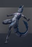  2017 4_toes 5_fingers anthro black_claws blue_eyes blue_hair breasts claws dragon female fluffy grey_background grey_skin hair horn latex_(artist) looking_at_viewer navel nipples nude pose rubber shiny simple_background solo spread_arms toes 