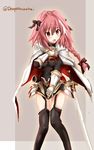  astolfo_(fate) black_legwear blush braid cape commentary_request fang fate/apocrypha fate_(series) garter_straps genderswap genderswap_(mtf) hair_ribbon highres kimura_shuuichi long_hair looking_at_viewer open_mouth pink_hair red_eyes ribbon single_braid solo standing sweatdrop thighhighs twitter_username you're_doing_it_wrong 