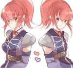  2girls armor belt blush breasts brown_eyes chastel_aiheap elbow_gloves frills gloves hisca_aiheap long_hair multiple_girls ponytail red_hair ribbon shoulder_pads sisters smile tales_of_(series) tales_of_vesperia tales_of_vesperia:_the_first_strike 