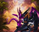  anthro black_scales breasts clothed clothing day detailed_background dragon duo female horn male membranous_wings pale_eyes purple_scales scales selianth sitting smile wings yellow_eyes 