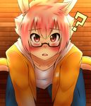  ? ambiguous_gender anthro blush clothing cub eyewear footwear fur glasses hair jeans lagomorph looking_up male mammal open_mouth pants pink_eyes pink_hair rabbit rabbitdx26 shoes sitting solo sweater teenager white_fur young 