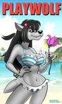  2017 anthro armpits beach bikini black_hair bracelet breasts canine claws cleavage clothed clothing female flower flower_in_hair hair hi_res holding_object jewelry long_hair looking_at_viewer mammal metalslayer navel nogicu nu_pogodi outside plant portrait russian seaside smile solo swimsuit three-quarter_portrait volkette wolf 