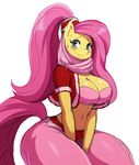  big_breasts big_butt blush breasts butt fluttershy_(mlp) friendship_is_magic hair headscarf long_hair my_little_pony navel pink_hair ponytail simple_background sssonic2 sweat thick_thighs white_background 