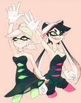  2017 amber_eyes anthro armpits beauty_mark black_hair breasts callie_(splatoon) cephalopod cleavage clothed clothing cousins digital_media_(artwork) dress duo e503 ear_piercing fangs female gloves hair highs marie_(splatoon) marine nintendo not_futty one_eye_closed open_mouth piercing pose raised_arm simple_background smile splatoon squid standing tentacle_hair tentacles thigh video_games waving white_wait wink 