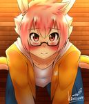  ambiguous_gender anthro blush clothing cub eyewear footwear fur glasses hair jeans lagomorph looking_up male mammal pants pink_eyes pink_hair rabbit rabbitdx26 shoes sitting solo sweater teenager white_fur young 