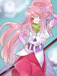  1girl arche_klein belt bracelet broom earrings elbow_gloves gloves long_hair open_mouth pants pink_hair ponytail red_eyes scarf tales_of_(series) tales_of_phantasia wink 