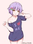  blush bottomless brown_eyes collarbone commentary disco_brando hair_ornament hairclip highres i_heart... idolmaster idolmaster_cinderella_girls koshimizu_sachiko looking_at_viewer naked_shirt off_shoulder open_mouth purple_hair shirt short_hair signature simple_background sketch smile solo t-shirt twitter_username v 