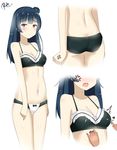  absurdres anger_vein artist_name bangs black_panties blue_hair blush bra breast_poke breasts commentary dated hair_bun highres long_hair looking_at_viewer love_live! love_live!_sunshine!! medium_breasts navel open_mouth panties poking ryle smile solo tsushima_yoshiko underwear underwear_only 